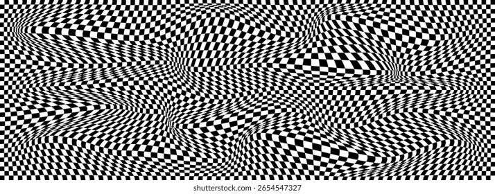 Ilusão óptica de onda psicodélica. Vetor abstrato plano de fundo distorcido com células quadradas pretas e brancas. Texturas de padrão de Op art.