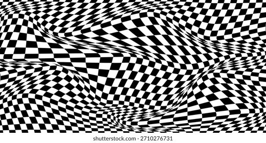 Psychedelische optische Wellenillusion. Abstrakter, vektorverzerrter Hintergrund mit schwarz-weißen quadratischen Zellen. Op Art Muster Texturen.