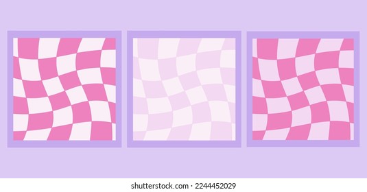 Psychedelic wave pattern. Trippy Grid. Wavy swirl set on white and pink colors. Seventies style. Groovy background. Hippie Aesthetic.