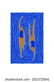 Psychedelic wave swimming pool illustration. Funny cartoon girl swimmers. Poster, print or t-shirt design.
