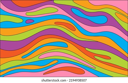 Psychedelic waves background. Groovy flowing waves, spots, elongated objects, flowing waves