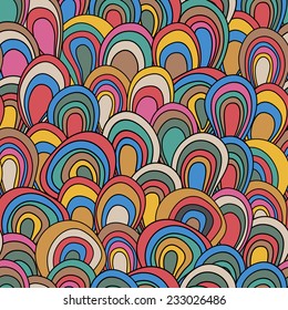 psychedelic waves seamless pattern, ornate textile print, vivid colours background, retro 1960-1970 fashion style, hippy mood texture, pink, green, blue color, editable, vector eps 8