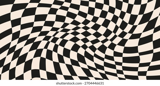 Fundo ondulado psicodélico com preto e branco distorcido padrão xadrez no estilo abstrato groovy. Fundo horizontal do verificador psicodélico com movimento curvo óptico. Ilustração vetorial