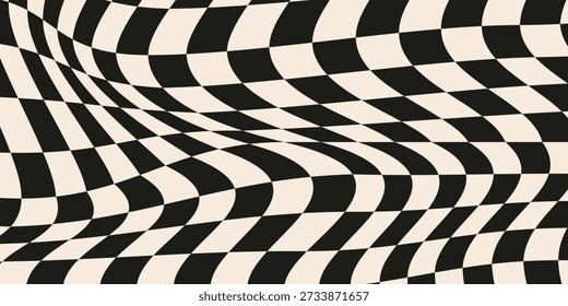 Psychedelic wavy background with black and white distorted checker pattern in groovy abstract style. Psychedelic checker horizontal background with optical curved motion. Eps10