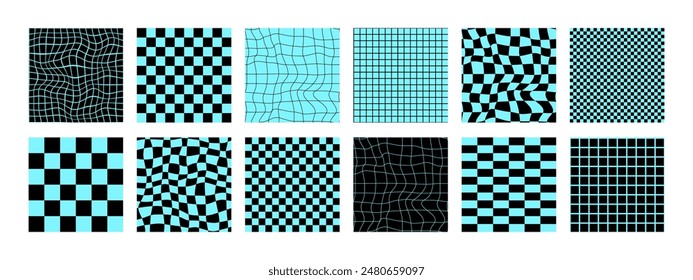 Psychedelic wavy checkerboard, acid background. Surreal modern geometric shapes, abstract print, and checkered patterns. Groovy background in the trendy style of Y2K, the 90s. Blue and black colors