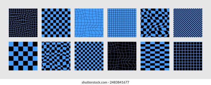 Psychedelic wavy checkerboard, acid background. Surreal modern geometric shapes, abstract print, and checkered patterns. Groovy background in the trendy style of Y2K, the 90s. Blue and black colors