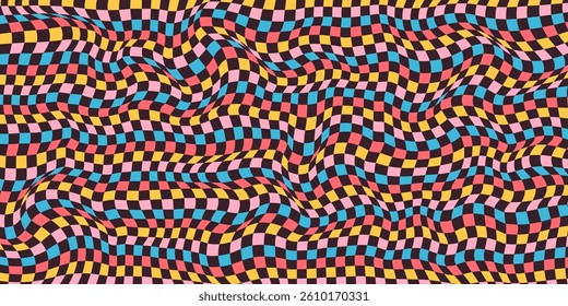  Psychedelic Wavy Checkerboard Background with Retro Colors. Trippy design with distortion grid effect. Twisted wavy and groovy geometrical chessboard. Distorted funky 70s hippie art