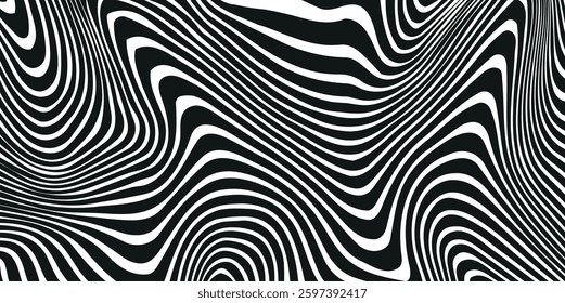 Psychedelic wavy lines, Abstract texture stripes, Abstract geometric pattern, black and white seamless pattern, vector zigzag background illustration for fabric, clothing, print web, fashion, 