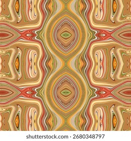 Psychedelic wavy lines forming concentric circles in earthy tones. Ideal for abstract art prints, creative backgrounds, and fashion textiles.