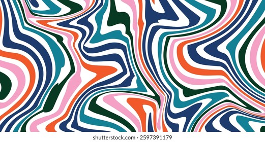 Psychedelic wavy lines pattern, Marbling texture stripes, Multicolored wallpaper graphic design.Wavy Swirl Seamless Pattern Groovy Background, Wallpaper, Print, fabric.