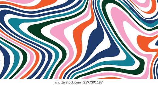 Psychedelic wavy lines pattern, Marbling texture stripes, Multicolored wallpaper graphic design.Wavy Swirl Seamless Pattern Groovy Background, Wallpaper, Print, fabric.