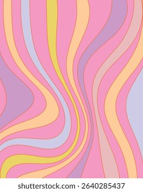 Psychedelic wavy lines in pink, yellow, purple, blue. Retro groovy pattern, seamless vector, bold decor