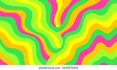 Psychedelic Wavy Pattern in Bright Tropical Tones. Groovy abstract background with colorful flowing waves in a tropical and playful style.