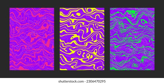 Psychedelic wavy posters set. Trippy groovy abstract backgrounds on bright neon colors. Fluid marble stone texture. Cool funky patterns. Modern vertical design. Vector illustration