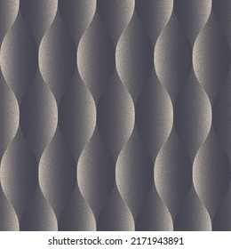 Psychedelic Wavy Seamless Pattern Vector Half Tone Art 3D Abstract Background. Ripple Movement Optical Illusion Smooth Grainy Texture Repetitive Gray Wallpaper. Acid Dot Work Continuous Abstraction