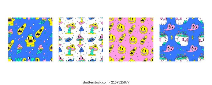 Psychedelic weird comic characters 80s hipster seamless patterns. Trendy trippy mushroom, skull and crazy eyes vector background illustration. Surreal psychedelic covers