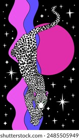 Psychedelic white leopard in space. Retro y2k style poster