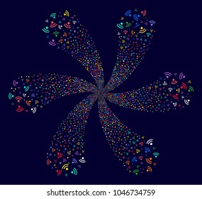 Psychedelic Wi-Fi curl flower shape on a dark background. Vector abstraction. Hypnotic cycle created from scatter wi-fi symbols.