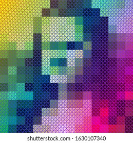 psychedelic woman portrait. Bright abstract grid retro futuristic digital background. Renaissance portrait flat style famous Leonardo da Vinci, vector Mona Lisa concept graphic design, pixel art