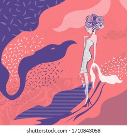 Psychedelic woman. Surreal flat portrait trendy fashion girl. Modern abstract contemporary vector illustration