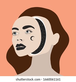 Psychedelic woman. Surreal portrait trendy girl. Modern contemporary vector. 