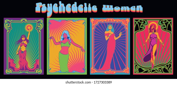 Psychedelic Women Vintage Poster Set, Art Nouveau Frames, Women, Psychedelic Colors