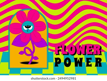 Psychedelic y2k banner with character. Funny flower with funky face in groovy style. Flower power. Flat vector element in acid colors.