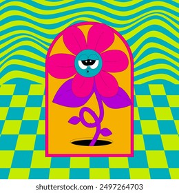 Psychedelic y2k card with character. Funny flower with funky face in groovy style. Flat vector element in acid colors.
