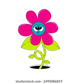Psychedelic y2k character with cute face. Funny flower with funky face in groovy style. Sticker in retro y2k, 90s, 00s aesthetic. Vector isolated element. 