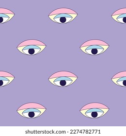 Psicodelic y2k mágico kaleidoscópico abstracto de los ojos sin fisuras. Vintage vibe providence eyes que te sigue el fondo. Plantilla divertida para la decoración de papel de envoltura textil de cubierta. Ilustración vectorial.
