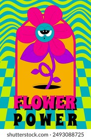 Póster psicodélico y2k con carácter. Divertida flor con cara funky en estilo groovy. Poder floral. Vector plano en colores ácidos.