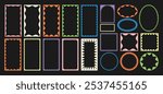 Psychedelic y2k squiggle frame, doodle rectangle, circle, tag, label, text message box and groovy vector shape collection with wavy zigzag edge or retro border. Groovy framework pattern silhouette art