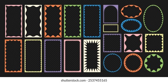 Psychedelic y2k squiggle frame, doodle rectangle, circle, tag, label, text message box and groovy vector shape collection with wavy zigzag edge or retro border. Groovy framework pattern silhouette art