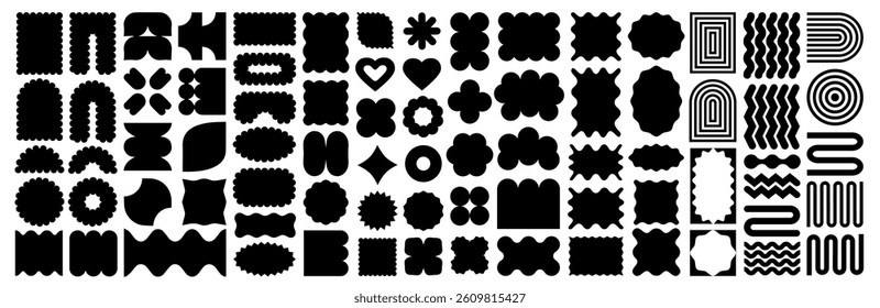 Psychedelic y2k squiggle frame, groovy brutal shape, pattern, doodle flower, circle, star, floral tag, label, text message box and brutalist silhouette icon in retro framework with wavy zigzag edge.