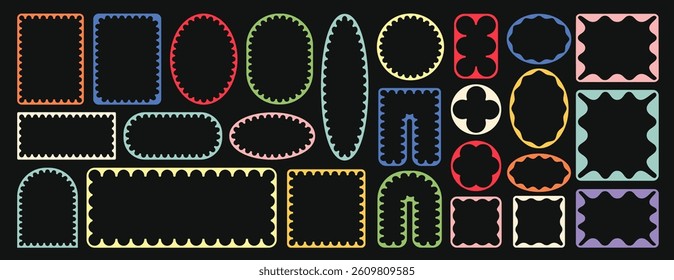 Psychedelic y2k squiggle photo frame, doodle rectangle, circle, label, text message box icon, sticker, brutal silhouette pattern or groovy flower shape collection with retro border or wavy zigzag edge