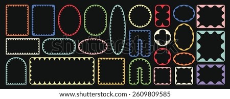Psychedelic y2k squiggle photo frame, doodle rectangle, circle, label, text message box icon, sticker, brutal silhouette pattern or groovy flower shape collection with retro border or wavy zigzag edge