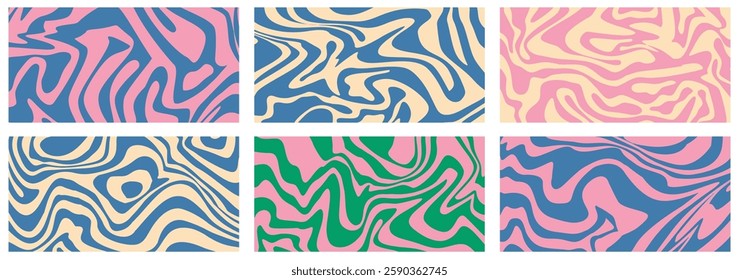 Psychedelic y2k wave background set. Retro fun print bright psychedelic. Y2K marble wave wallpaper. Vector illustration
