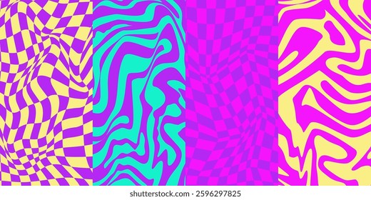 Psychedelic y2k wave neon vertical background set. Retro fun print bright psychedelic. Y2K marble wave wallpaper. Vector illustration