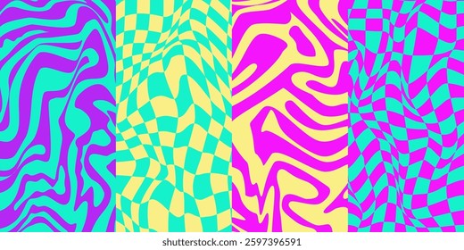 Psychedelic y2k wave neon vertical background set. Retro fun print bright psychedelic. Y2K marble wave wallpaper. Vector illustration