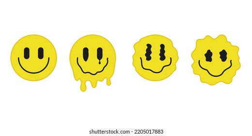 Episodios sicodélicos de goteo amarillo derretido emoticono. Cara líquida trippy con sonrisa. Ilusión, símbolo surrealista creativo feliz. Ilustración del vector