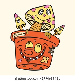 Psychedelic Yellow Mushroom Cartoon in Pot with Funny Face