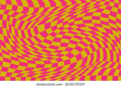 Psychedelic Yellow and Pink Checkerboard Background. Trippy design with distortion grid effect. Twisted wavy and groovy geometrical chessboard. Distorted funky 70s hippie art