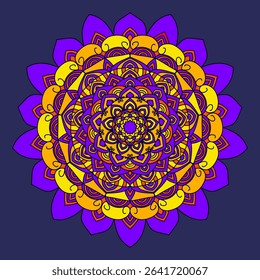 Psychedelic Yellow and Purple Mandala on Dark Blue.A mesmerizing mandala illustration vibrant with yellow, orange, and purple hues against a deep blue background. Ideal for spiritual, meditation.