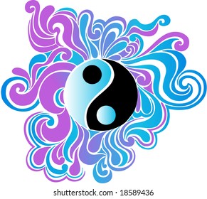 Psychedelic Yin Yang Peace Sign on Swirls Vector Illustration