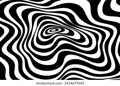 Psychedelic zebra pattern. Striped black and white background with distortion. Optical illusion.