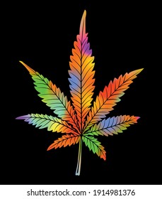 Psychedelic-colored leaf of cannabis on a black background. Vivid rainbow colors in randomly distributed splashes, marihuana, vector design