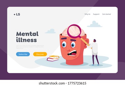 Psychiatric Clinic Landing Page Template. Tiny Doctor Character with Huge Magnifying Glass Learning Diseased Human Brain, Patient with Mental Problem Medical Support. Cartoon Vector Illustration