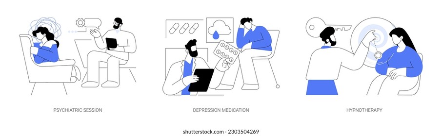 Psychiatric consultation abstract concept vector illustration set. Psychiatric session, depression medication, hypnotherapy for mental problems, emotional distress treatment abstract metaphor.