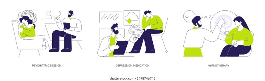 Psychiatric consultation abstract concept vector illustration set. Psychiatric session, depression medication, hypnotherapy for mental problems, emotional distress treatment abstract metaphor.