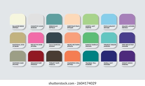 Psychiatrist Color Guide Palette with Color Names. Catalog Sample of Psychiatrist with RGB HEX codes and Names. Construction sector Color Palette, plastic, metal, Strong stone, Trend Color Palette